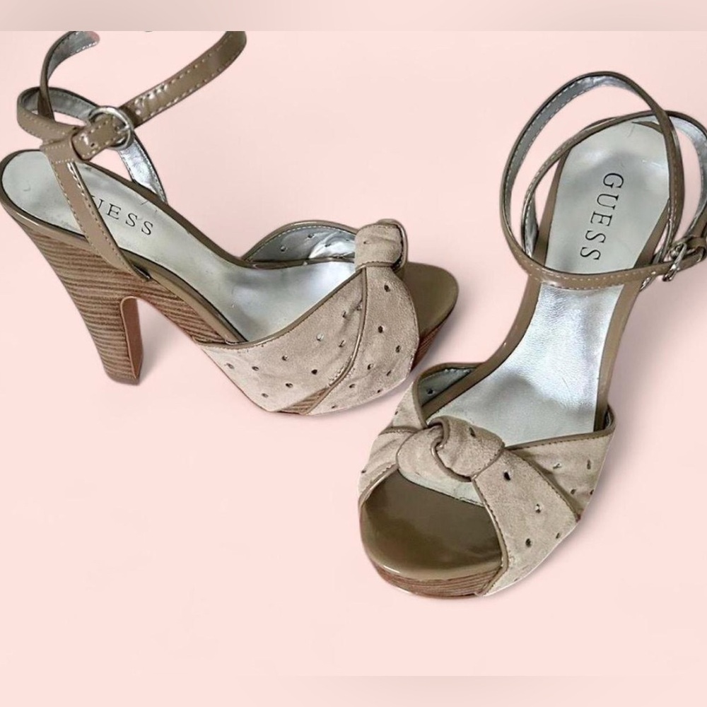 Vtg Pin-Up Style Peep Toe Ankle Strap Hidden Platform Suede Sandals - Picture 6 of 16